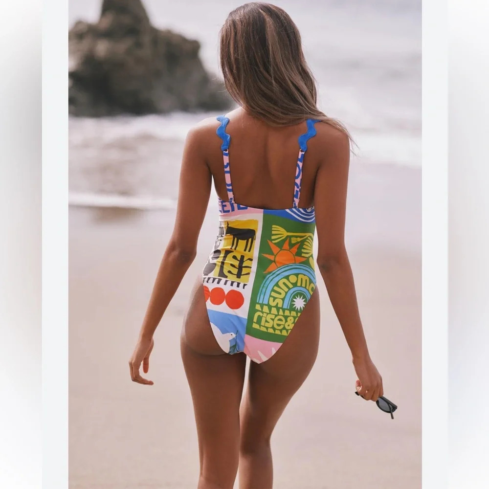 Anthropologie Anisa Makhoul Patchwork One-Piece Swimsuit Size Large - Picture 2 of 9